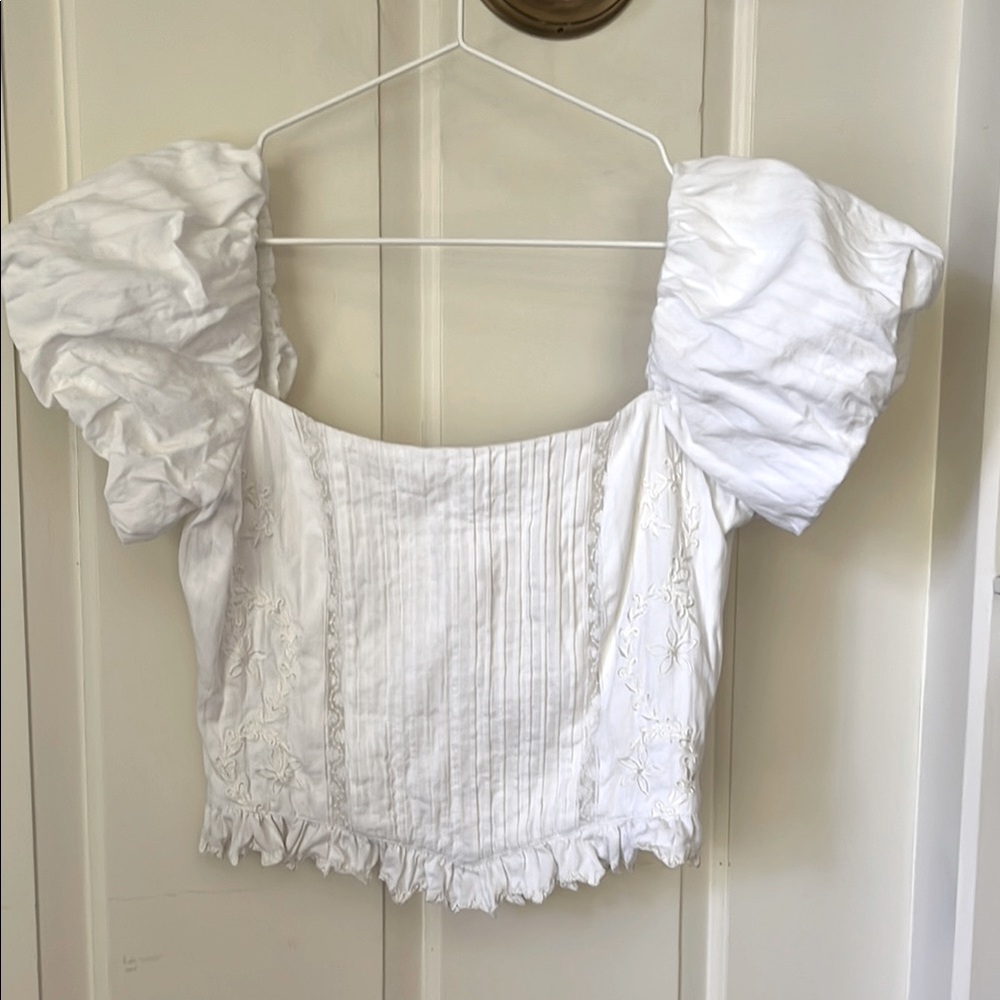 Love Shack Fancy puff sleeve embroidered corset top with ruffles, size 2